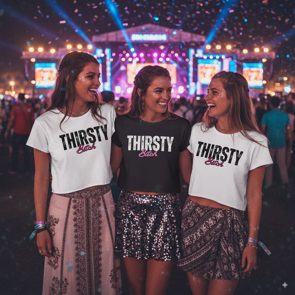 Thirsty Bitch Crop Top | Funny Festival Crop Tee | Girls Night Out Shirt | Relaxed Fit Graphic Tee | Party Clubwear
