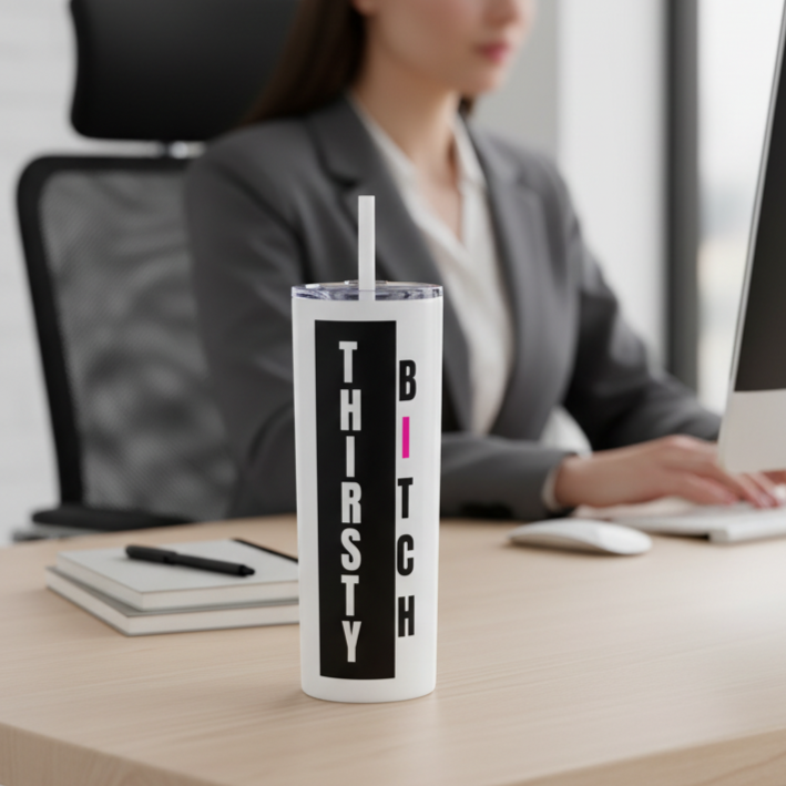 Thirsty Bitch Tumbler | Funny 20oz Skinny Cup with Straw | Festival Travel Mug | Hot or Cold Drinkware | Matte UV Print