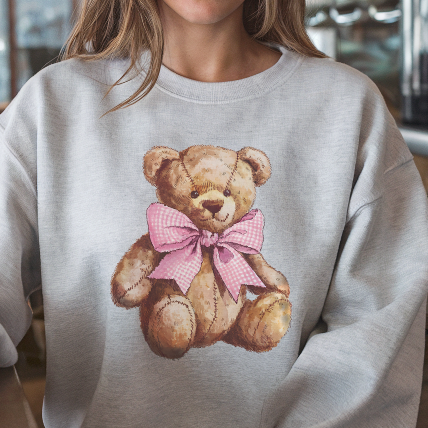 Pink Gingham Bow Teddy Bear Sweatshirt