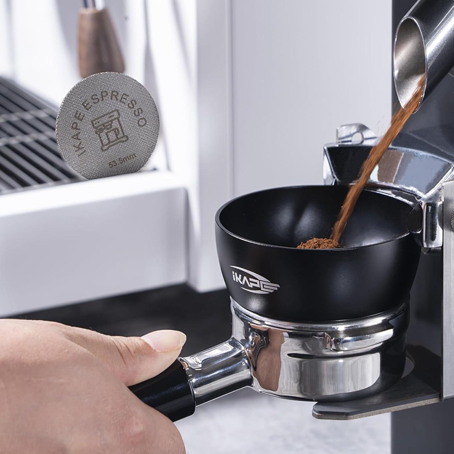 IKAPE Magnetic Dosing Funnel Set | 53MM Espresso Dosing Ring & Puck Screen Kit for Breville 54MM Portafilter – 8 Magnet Design (Black)