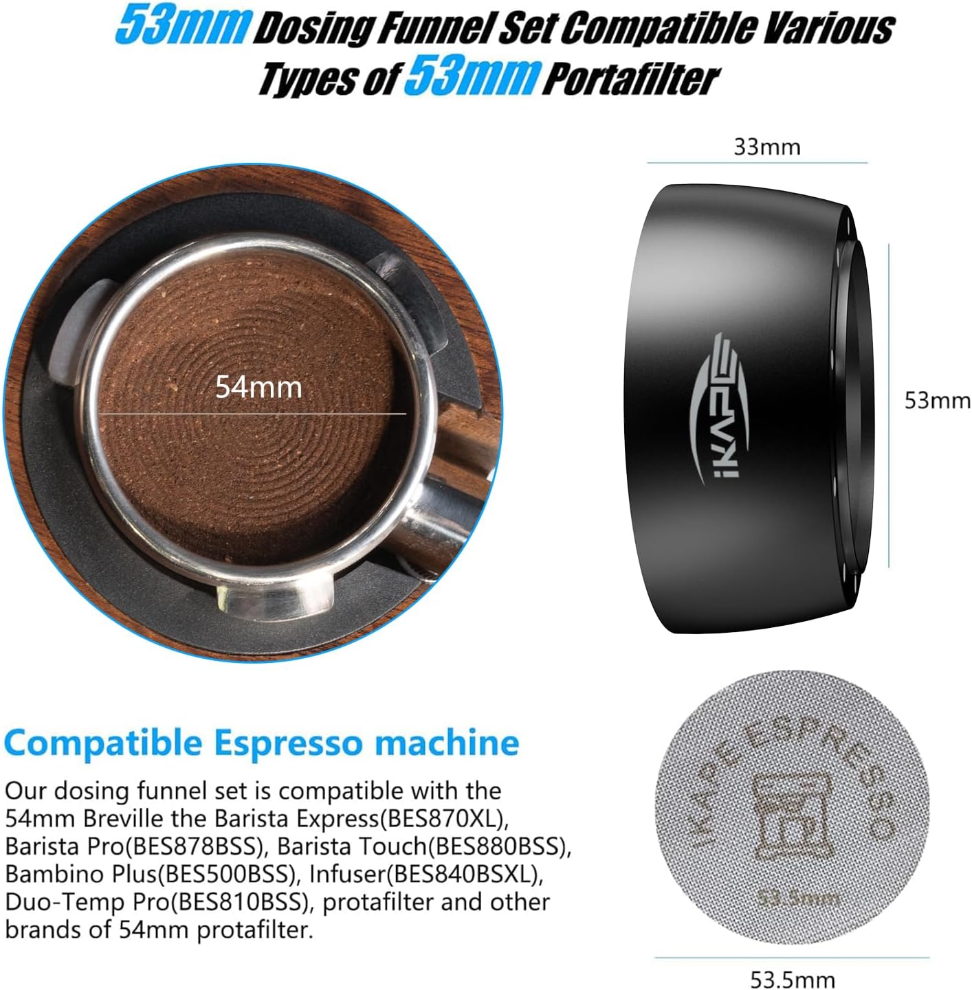 IKAPE Magnetic Dosing Funnel Set | 53MM Espresso Dosing Ring & Puck Screen Kit for Breville 54MM Portafilter – 8 Magnet Design (Black)