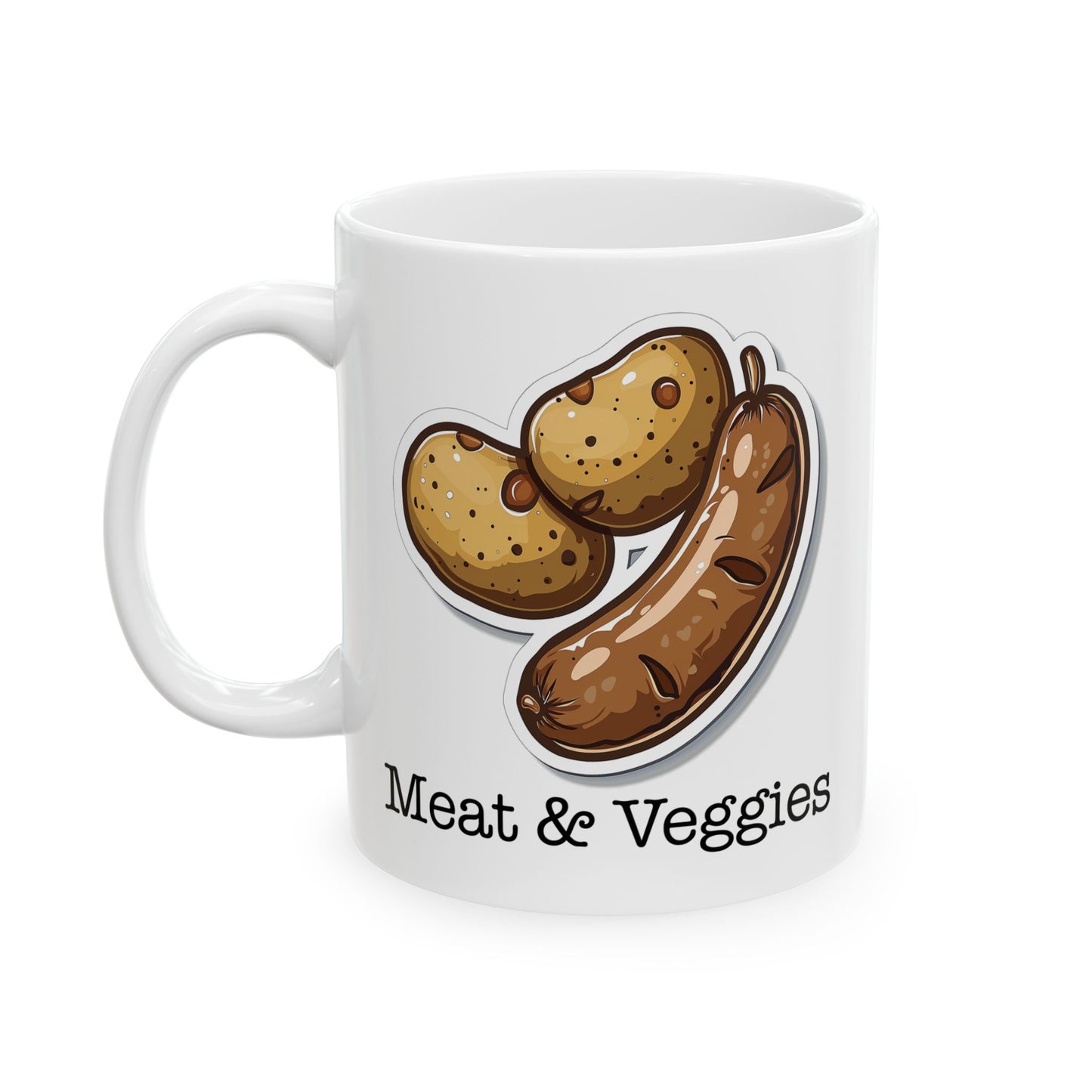 Meat and Veggies" – Cheeky Sausage & Potatoes Graphic Mug