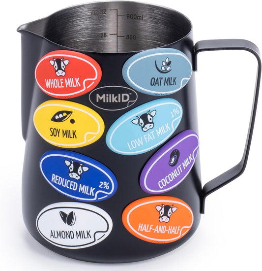 Milk Frothing Pitcher with 8 Allergen Silicone Snap-On Labels | 20oz Pitcher + Label Kit