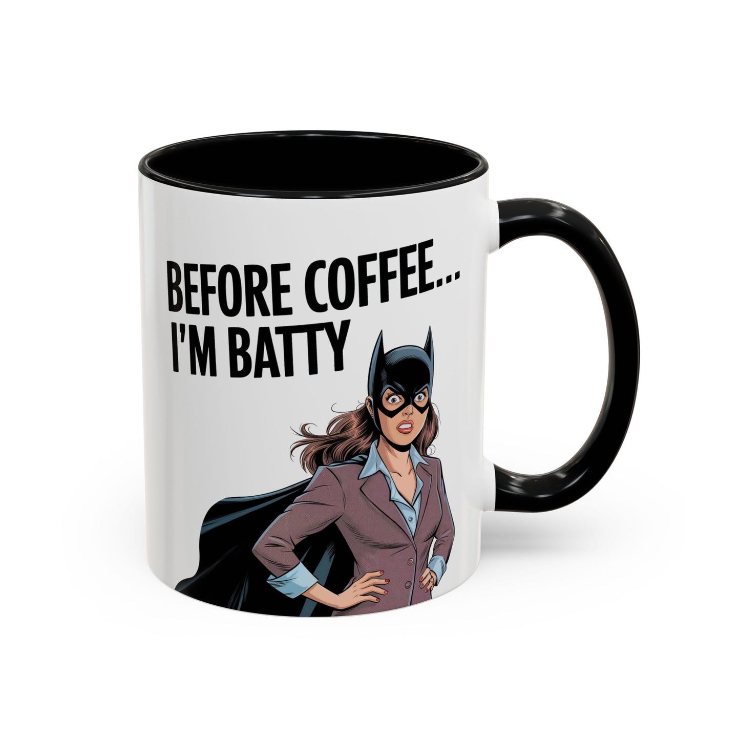 Before Coffee I'm Batty" – Fun Bat Mask & Cape Graphic Mug | Perfect Coffee Gift for Her